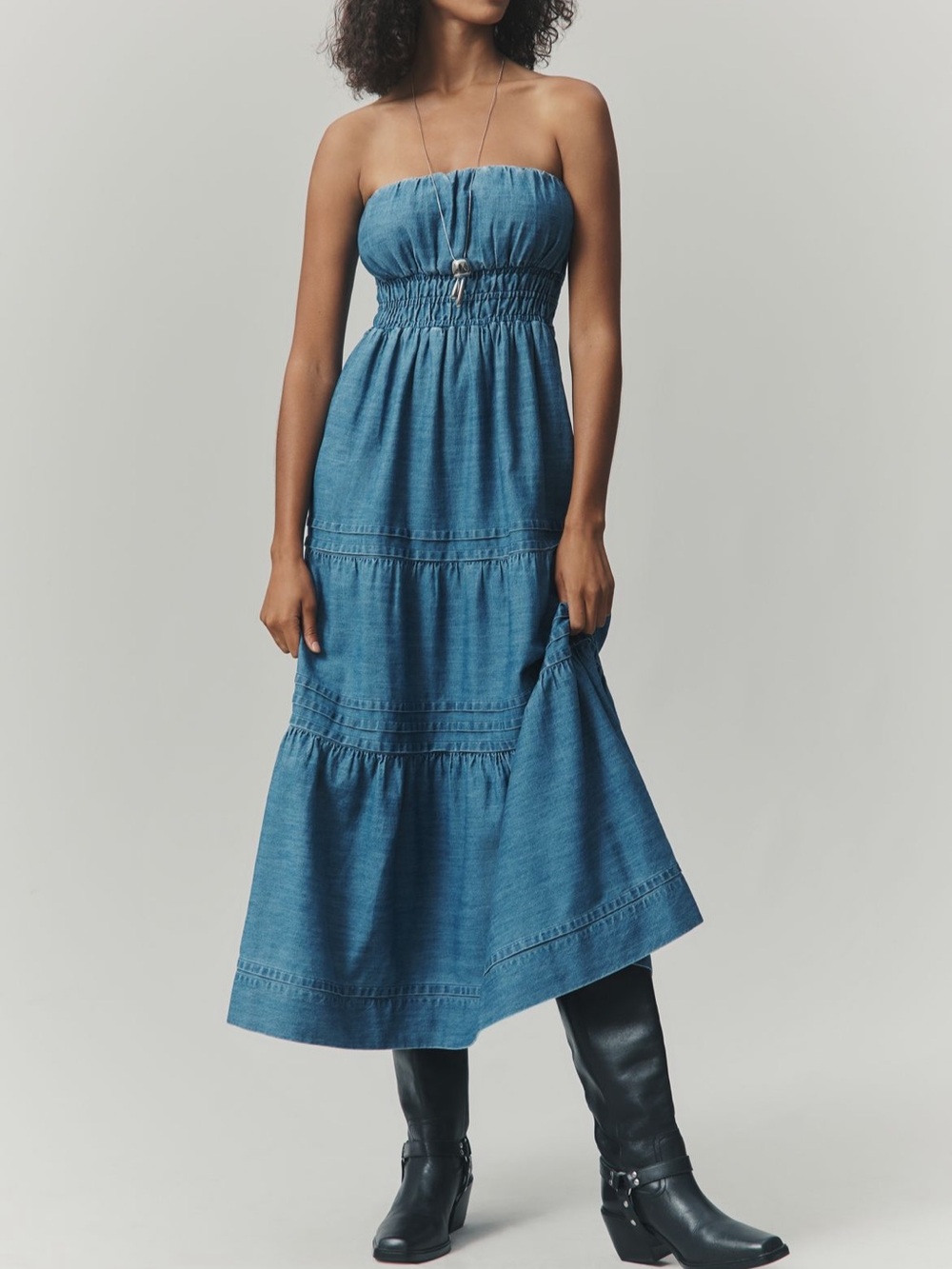 Anthropologie Strapless Denim-Blue Maxi Dress